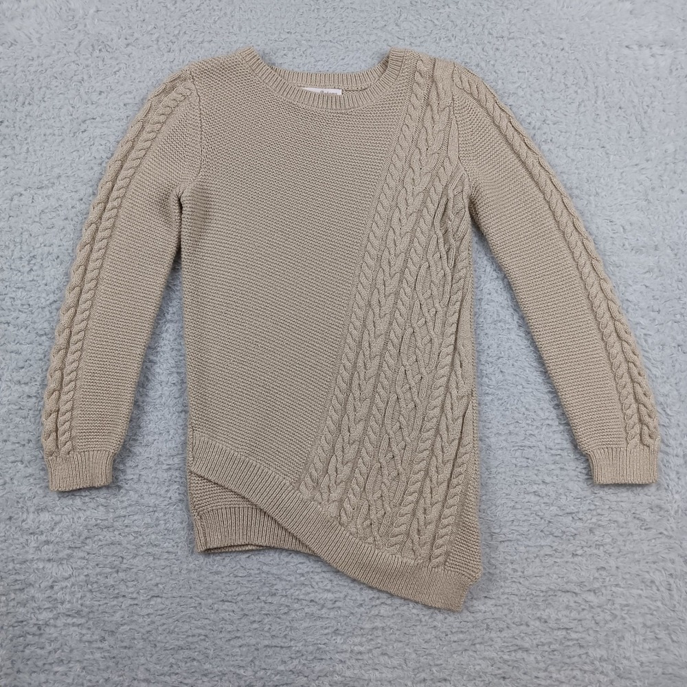 Tommy Bahama Sweater Girls L 10/12 Beige Cable Knit Asymmetrical Shimmer 07033